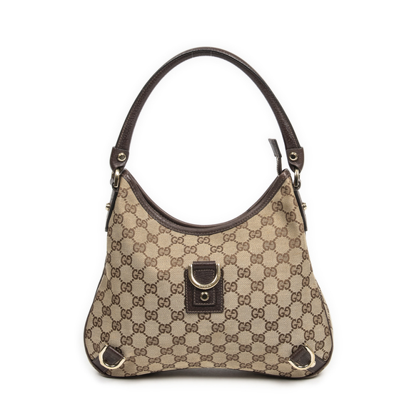 Gucci Small Abbey Hobo 3-D Rings in Beige/Brown Monogrammed Canvas
